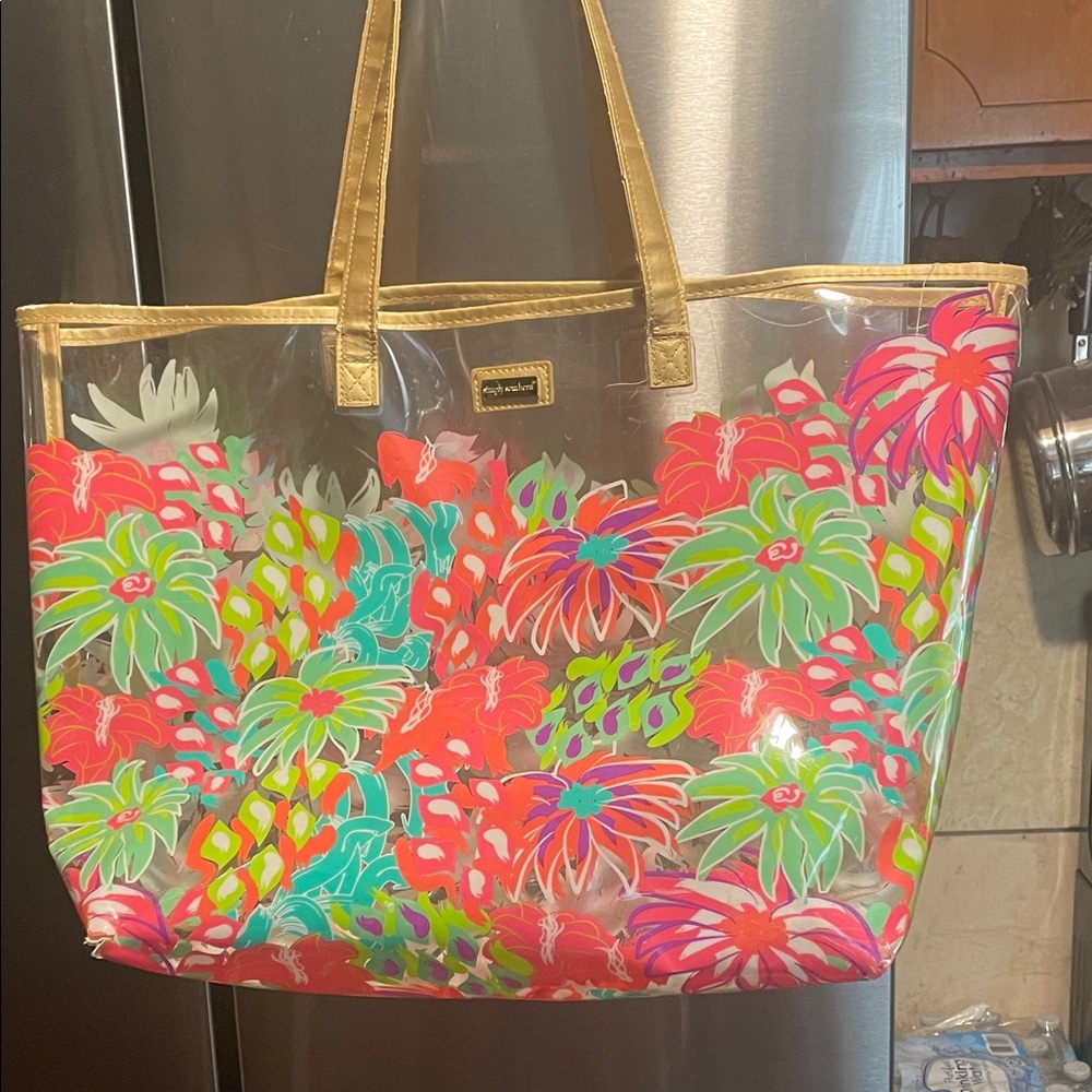 Simply Southern Clear Tropical Floral Tote with Gold Trim